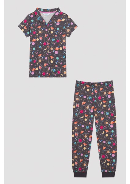 Kız Çocuk Ufo Desenli Gömlek Pantolon Pijama Takımı