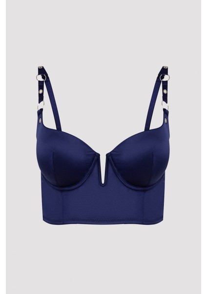 Kadın Saten Büstiyer Lacivert Renkli Kuşgözü Detaylı Dikişsiz Rahatlık