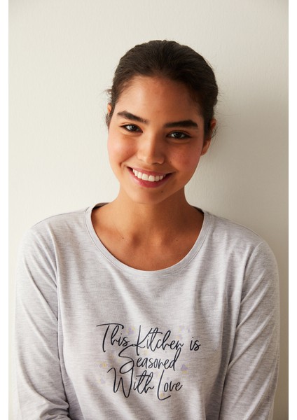Gri-Siyah With Love Baskılı Pijama Takımı