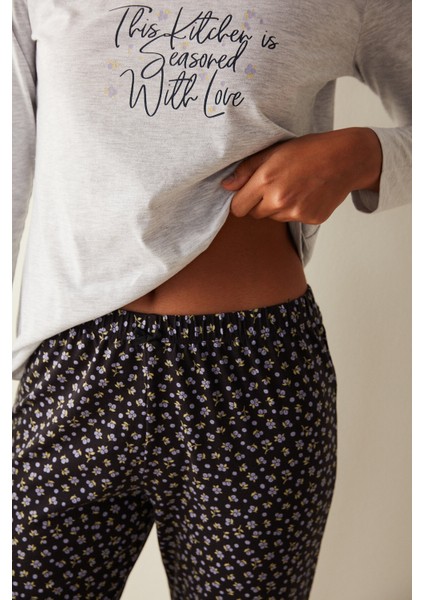 Gri-Siyah With Love Baskılı Pijama Takımı