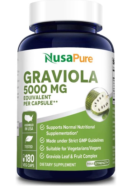 Graviola 5,000 mg 180 Veggie Caps (Non-Gmo, Gluten Free) Supports Respiratory Health And Healthy Immune Function