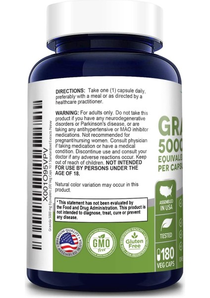 Graviola 5,000 mg 180 Veggie Caps (Non-Gmo, Gluten Free) Supports Respiratory Health And Healthy Immune Function