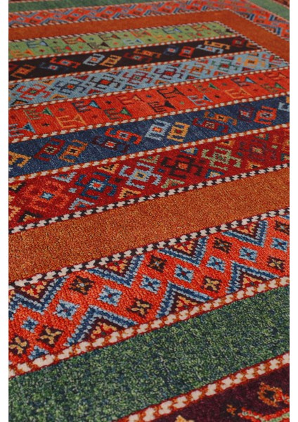 Etnik Desen Eskitme Renkli Bambu Yumuşak Dokulu Dekoratif Kaydırmaz Yıkanabilir Halı Kilim Yolluk