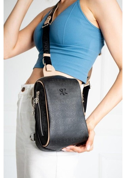 Siyah Taba Kadın Çapraz Askılı 4 Gözlü Vücut Çantası Bodybag 25X16CM PBU9001
