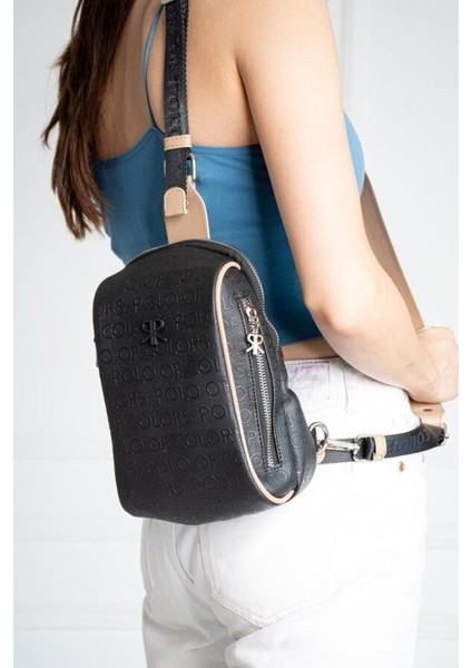 Siyah Taba Kadın Çapraz Askılı 4 Gözlü Vücut Çantası Bodybag 25X16CM PBU9001