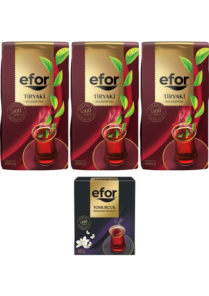 Efor Çay Efor Tiryaki Siyah Dökme Çay 1.000GR x 3 Adet + Tomurcuk Bergamot Aromalı 100GR