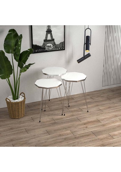 Beyaz Gümüş Metal Ayaklı Gümüş Detaylı 3lü Çokgen Zigon Sehpa modelleri