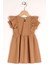 Zepkids Kız Çocuk Kahverengi Renkli Yakası Fırfırlı Beli Büzgülü Elbise