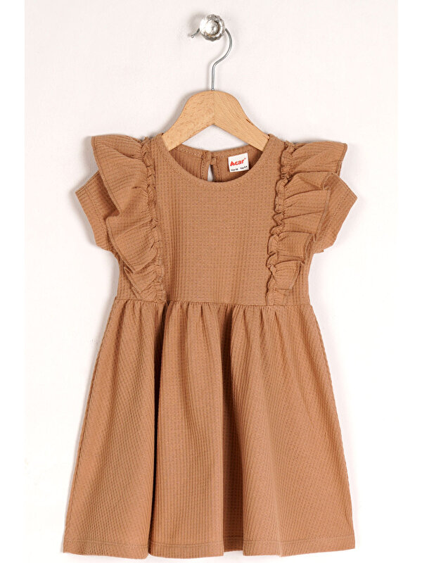 Zepkids Kız Çocuk Kahverengi Renkli Yakası Fırfırlı Beli Büzgülü Elbise