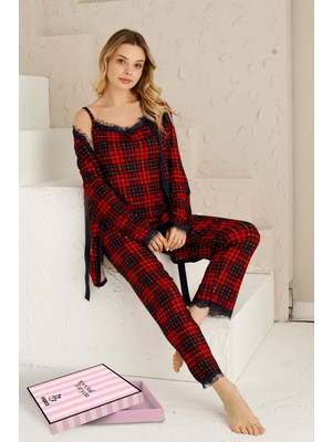 Nisanca Sabahlıklıklı 3 Parça Çeyizlik Kutulu Kadın Pijama Takımı- Dantelli Kutulu Kadın Pijama- Geniş Beden Aralığı