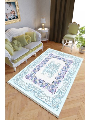 10 Post Online Klasik Salon Halısı Turkuaz Mavi Yolluk Kaymaz Yuvarlak Oval Kesme Ince Yıkanabilir Halı