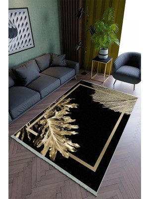 10 Post Online Salon Halısı Modern Siyah Altın Gold Yolluk Kaymaz Yuvarlak Oval Kesme Ince Yıkanabilir Halı