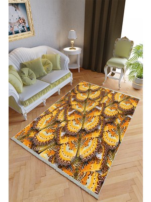 10 Post Online Klasik Salon Halısı Kahverengi Sarı Yolluk Kaymaz Yuvarlak Oval Kesme Ince Yıkanabilir Halı