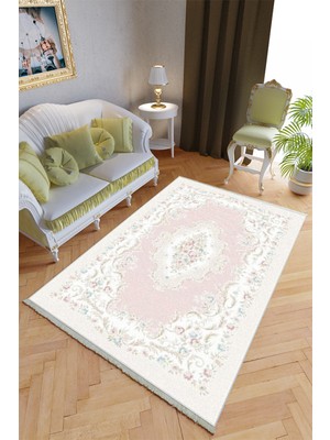 10 Post Online Klasik Salon Halısı Açık Pembe Bej Yolluk Kaymaz Yuvarlak Oval Kesme Ince Yıkanabilir Halı