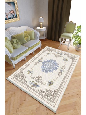 10 Post Online Klasik Salon Halısı Bej Mavi Yolluk Kaymaz Yuvarlak Oval Kesme Ince Yıkanabilir Halı