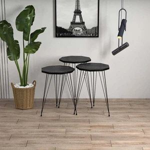 Ege Modüler Siyah Mermer Desenli Siyah Metal Ayaklı Siyah Detaylı 3lü Çokgen Zigon Sehpa