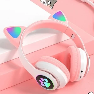 Kedili Pembe Beyaz Işıklı Patili Cat  Bluetooth Kulaklık Renkli Katlanır Şarj Kablolu Kulaküstü