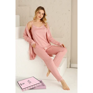 Sabahlıklıklı 3 Parça Çeyizlik Kutulu Kadın Pijama Takımı- Dantelli Kutulu Kadın Pijama- Geniş Beden Aralığı