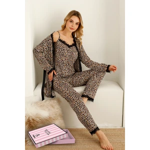 Sabahlıklıklı 3 Parça Çeyizlik Kutulu Kadın Pijama Takımı- Dantelli Kutulu Kadın Pijama- Geniş Beden Aralığı