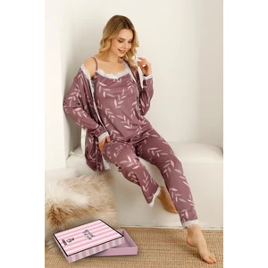 Sabahlıklıklı 3 Parça Çeyizlik Kutulu Kadın Pijama Takımı- Dantelli Kutulu Kadın Pijama- Geniş Beden Aralığı