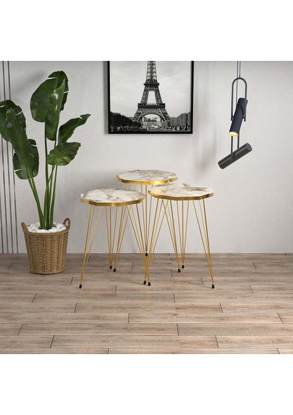 Beyaz Mermer Desenli Gold Metal Ayaklı Gold Detaylı 3lü Çokgen Zigon Sehpa