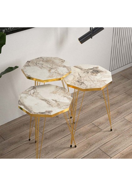 Beyaz Mermer Desenli Gold Metal Ayaklı Gold Detaylı 3lü Çokgen Zigon Sehpa fiyatları