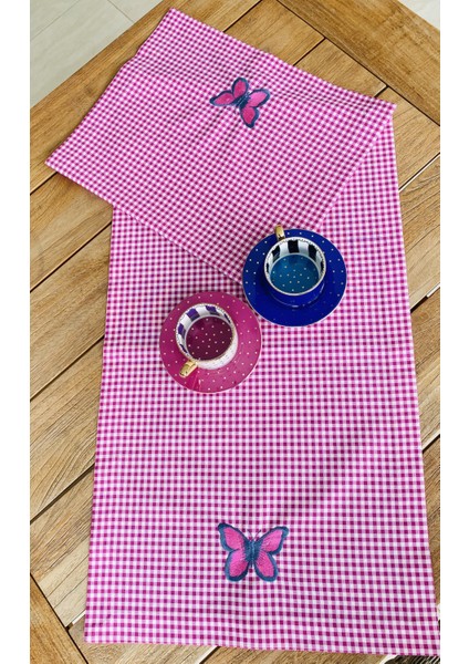 Pembe Pötikare Duck Kumaş Kelebek Işlemeli Runner