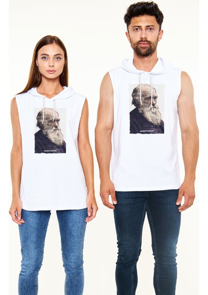 Tişört Fabrikası Charles Darwin Yazılı Portre Baskılı Unisex Kapüşonlu Beyaz Tişört - Tshirt