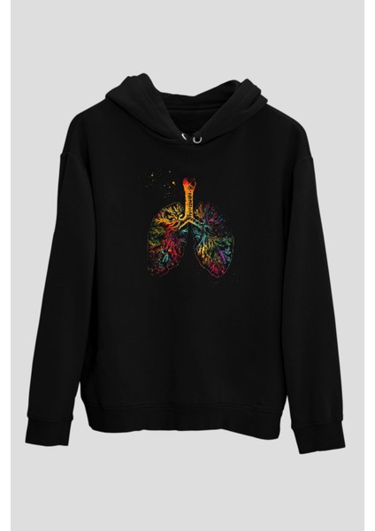 Tişört Fabrikası Akciğer Damarlar Renkli Baskılı Unisex Siyah Hoodie