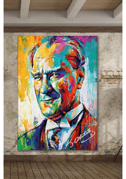 Renkli Atatürk Portresi Yağlı Boya Efektli Kanvas Duvar Tablo 221456