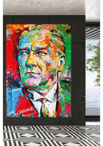 Renkli Atatürk Resmi Yağlı Boya Efektli Kanvas Duvar Tablo 221468