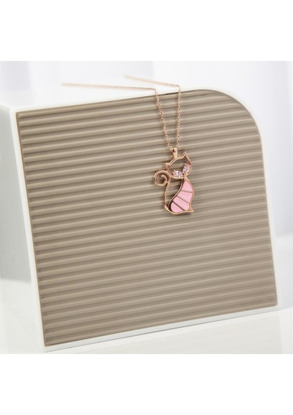 Pembe Kedi Modeli Rodyum Kaplama 925 Gümüş Kadın Kolye