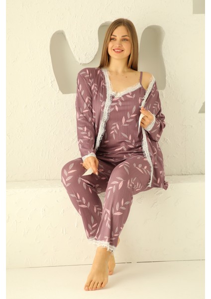 Sabahlıklıklı 3 Parça Çeyizlik Kutulu Kadın Pijama Takımı- Dantelli Kutulu Kadın Pijama- Geniş Beden Aralığı