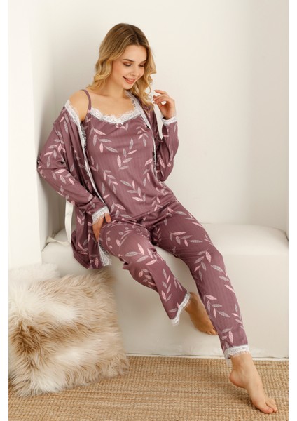 Sabahlıklıklı 3 Parça Çeyizlik Kutulu Kadın Pijama Takımı- Dantelli Kutulu Kadın Pijama- Geniş Beden Aralığı