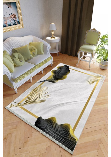 Klasik Salon Halısı Altın Yeşil Yolluk Kaymaz Yuvarlak Oval Kesme Ince Yıkanabilir Halı