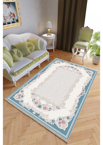 Klasik Salon Halısı Mavi Ekru Yolluk Kaymaz Yuvarlak Oval Kesme Ince Yıkanabilir Halı