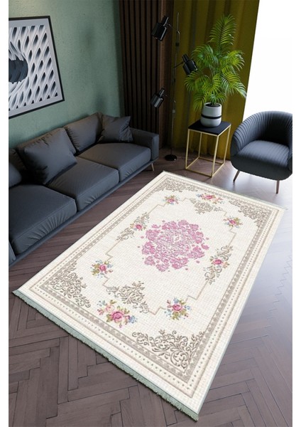 Salon Halısı Modern Ekru - Pembe Pembe Yolluk Kaymaz Yuvarlak Oval Kesme Ince Yıkanabilir Halı