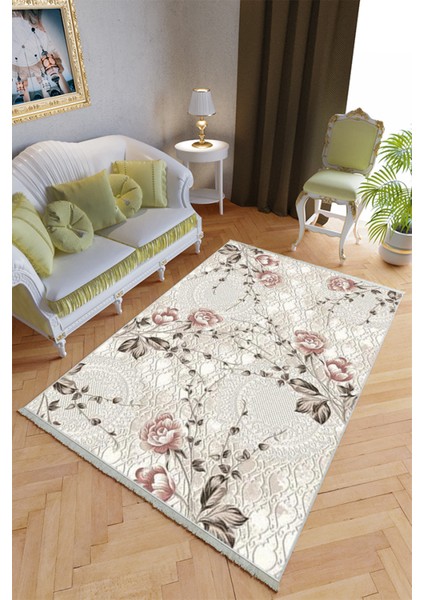 Klasik Salon Halısı Bej - Bordo Bordo Yolluk Kaymaz Yuvarlak Oval Kesme Ince Yıkanabilir Halı