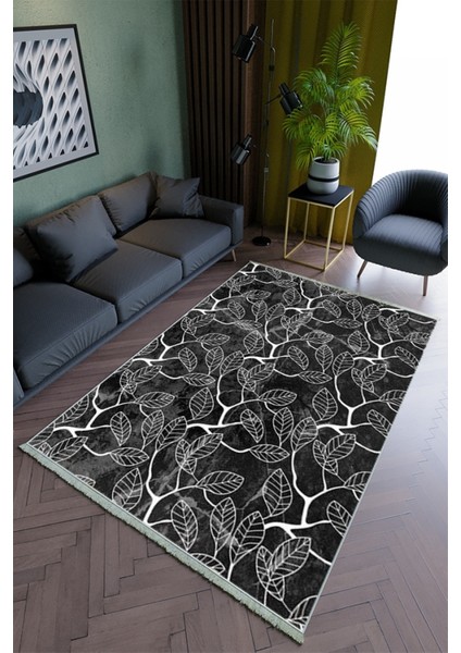 Salon Halısı Modern Siyah Beyaz Yolluk Kaymaz Yuvarlak Oval Kesme Ince Yıkanabilir Halı