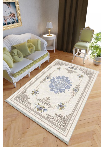 Klasik Salon Halısı Bej Mavi Yolluk Kaymaz Yuvarlak Oval Kesme Ince Yıkanabilir Halı
