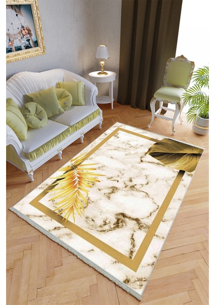 Klasik Salon Halısı Altın Krem Yolluk Kaymaz Yuvarlak Oval Kesme Ince Yıkanabilir Halı