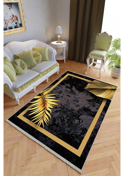 Klasik Salon Halısı Gold Siyah - Gold Yolluk Kaymaz Yuvarlak Oval Kesme Ince Yıkanabilir Halı
