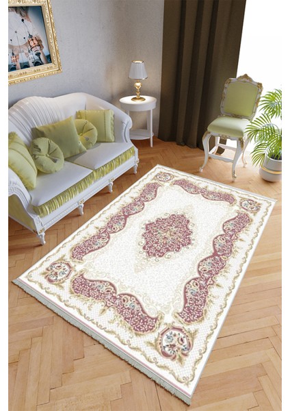 Klasik Salon Halısı Mor Ekru Yolluk Kaymaz Yuvarlak Oval Kesme Ince Yıkanabilir Halı
