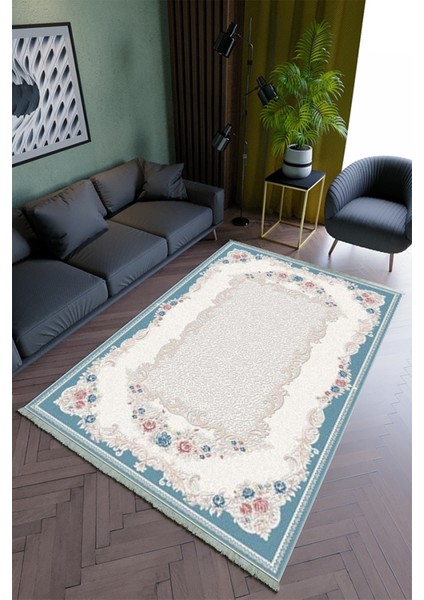Salon Halısı Modern Mavi Ekru Yolluk Kaymaz Yuvarlak Oval Kesme Ince Yıkanabilir Halı