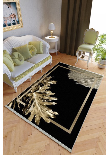 Klasik Salon Halısı Siyah Altın Gold Yolluk Kaymaz Yuvarlak Oval Kesme Ince Yıkanabilir Halı