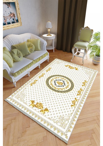 Klasik Salon Halısı Altın Gold Yolluk Kaymaz Yuvarlak Oval Kesme Ince Yıkanabilir Halı