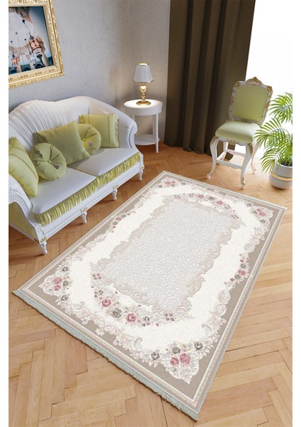 Klasik Salon Halısı Ekru Krem Yolluk Kaymaz Yuvarlak Oval Kesme Ince Yıkanabilir Halı