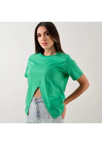 Butik Ayseba Kadın Taş Detaylı Yeşil T-Shirt