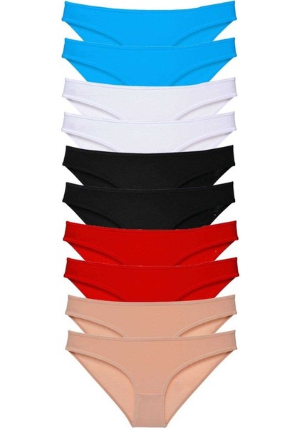 10 adet Süper Eko Set Likralı Kadın Slip Siyah Kırmızı Ten Beyaz Mavi