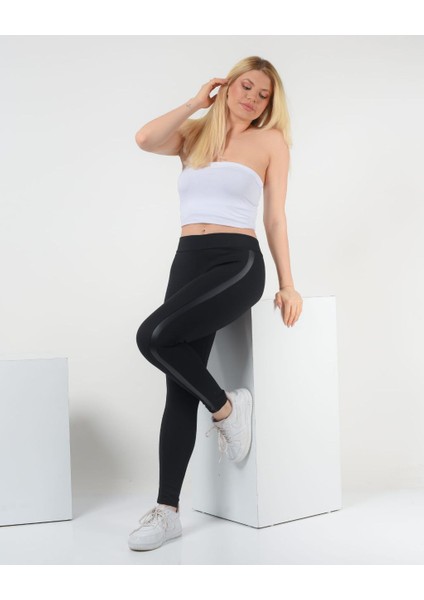 Kadın Siyah Deri Detaylı Büyük Beden Tayt fiyatları